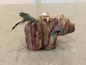 Zuni Carved Stone Bear Fetish w/ Turquoise, Onyx & MOP Heartline 4” Hallmarked
